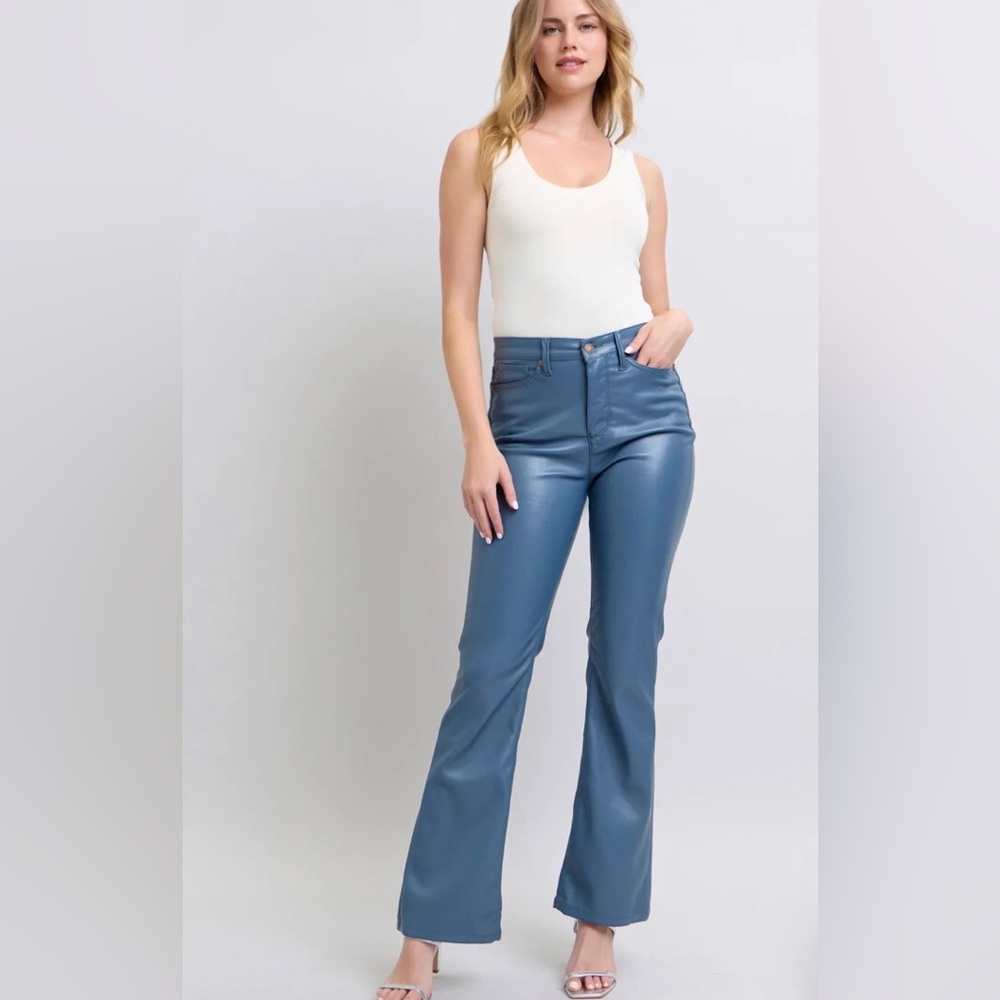 Judy Blue High Waist Tummy Control Blue Vegan Leather Bootcut Jeans size 3 NWT